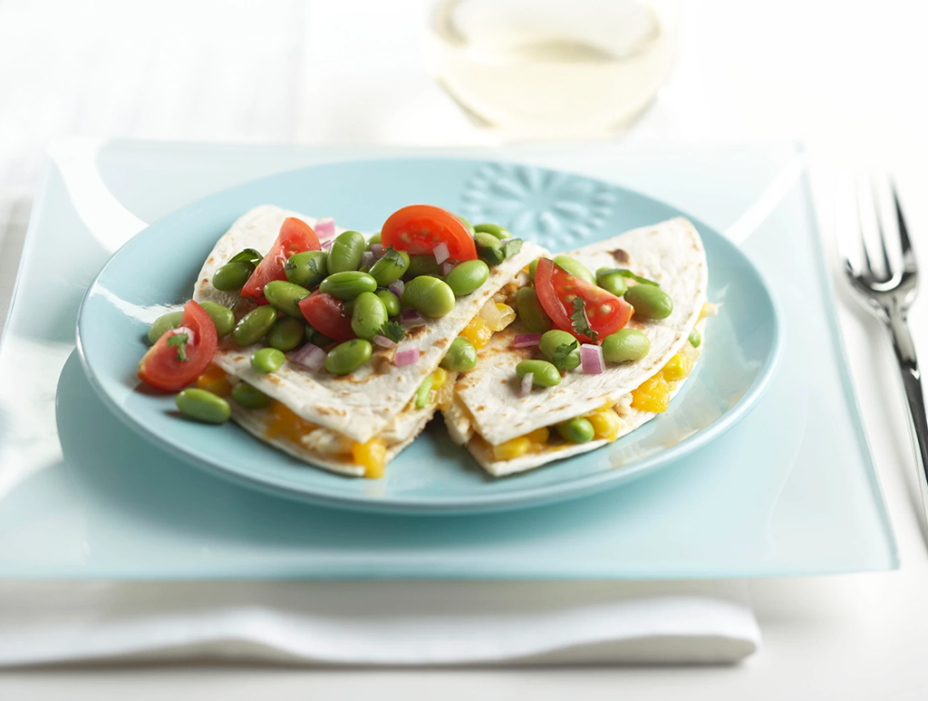 Chicken and Cheese Quesadillas with Edamame Salad Topping